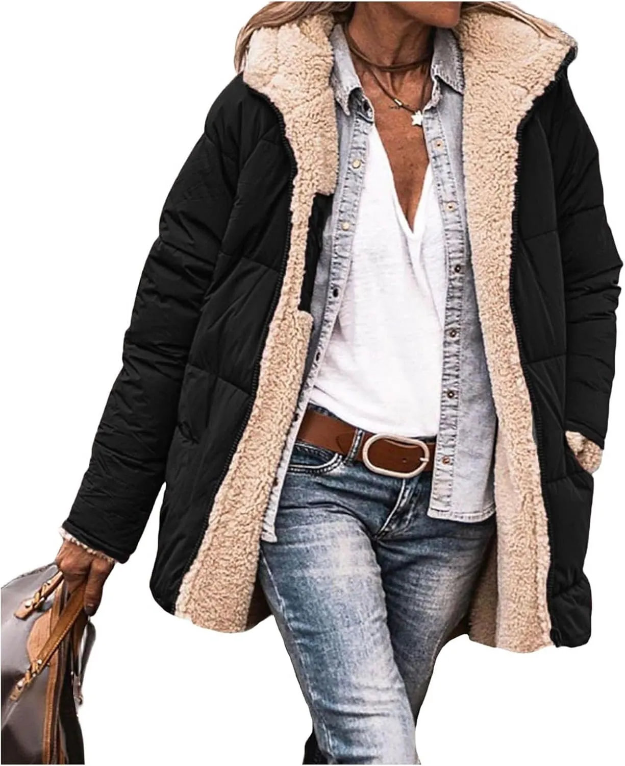 Canbebig Women's Quilted Winter Coats Hooded Fleece Jacket Warm Reversible Sherpa-Lined Jackets Full Zip Puffer Hoodies Coat