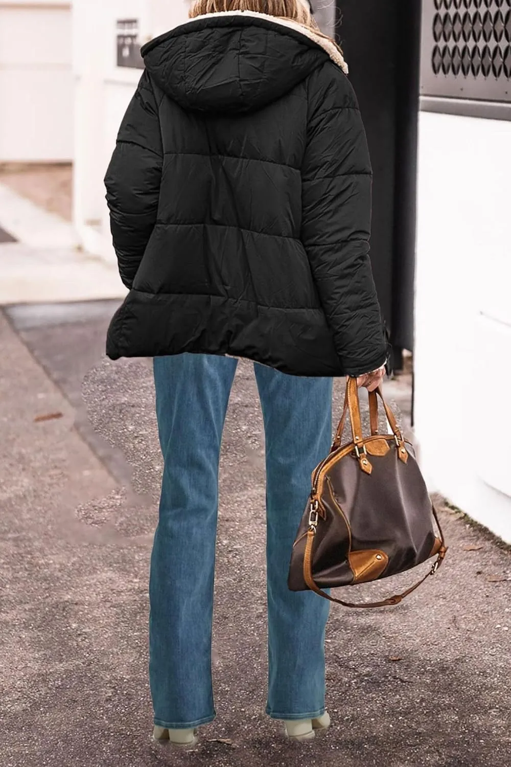 Canbebig Women's Quilted Winter Coats Hooded Fleece Jacket Warm Reversible Sherpa-Lined Jackets Full Zip Puffer Hoodies Coat