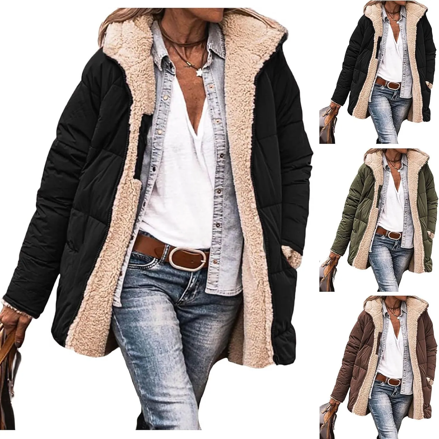 Canbebig Women's Quilted Winter Coats Hooded Fleece Jacket Warm Reversible Sherpa-Lined Jackets Full Zip Puffer Hoodies Coat