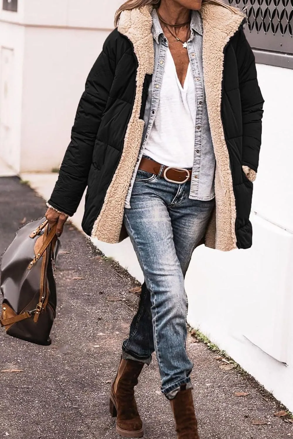 Canbebig Women's Quilted Winter Coats Hooded Fleece Jacket Warm Reversible Sherpa-Lined Jackets Full Zip Puffer Hoodies Coat