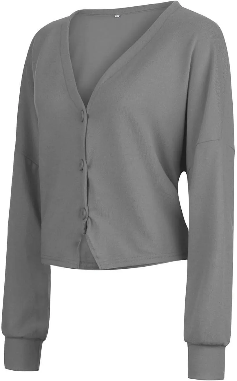 Cardigan Sweater for Women Cropped Knit Cardigans Open Front V-Neck Crochet Solid Sweaters Long Sleeve Button Up Tops