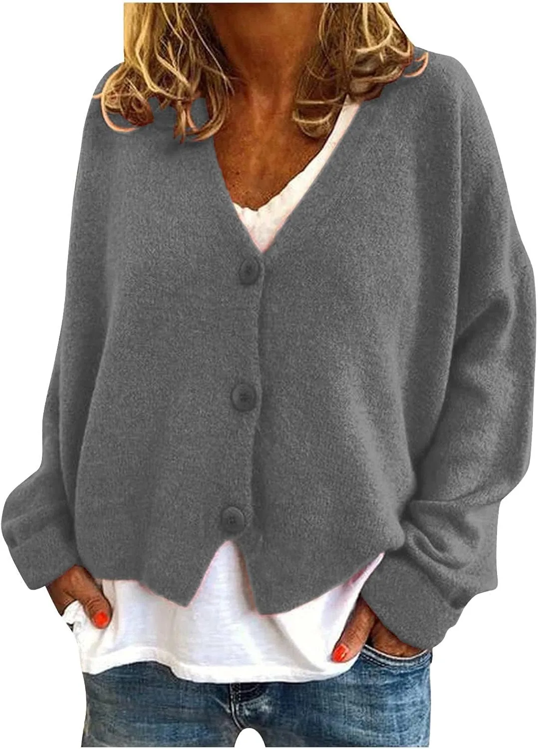 Cardigan Sweater for Women Cropped Knit Cardigans Open Front V-Neck Crochet Solid Sweaters Long Sleeve Button Up Tops