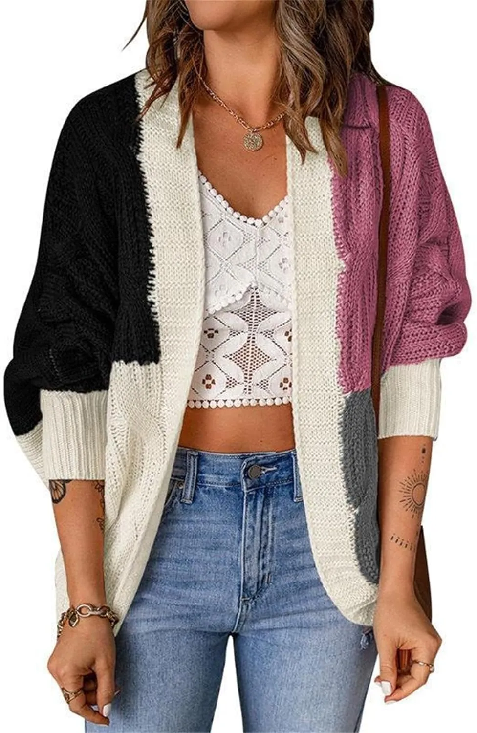 Cardigan Sweaters for Women Casual Long Sleeve Color Block Chunky Cable Knit Open Front Cardigans Fall Sweater Coats