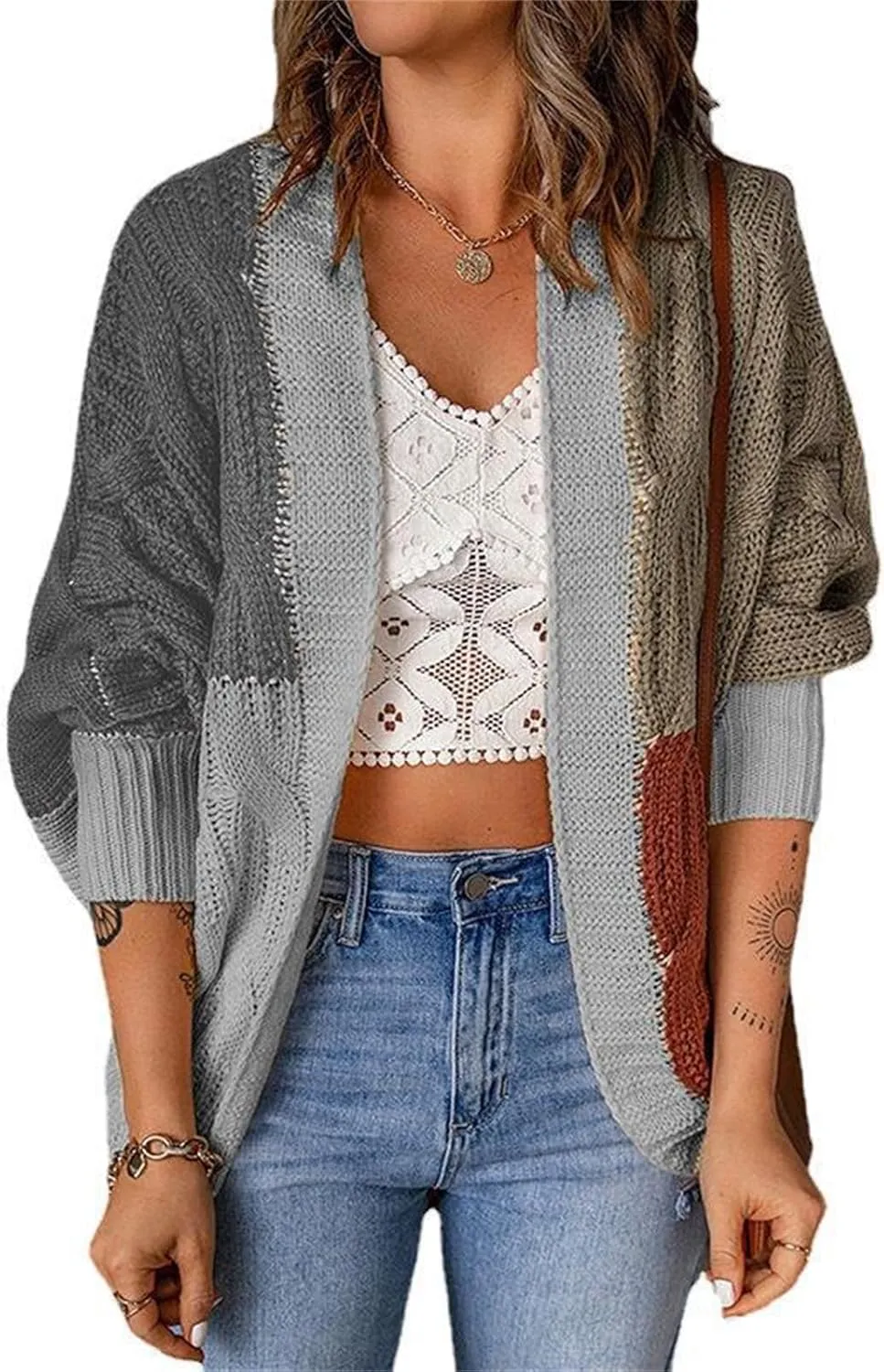 Cardigan Sweaters for Women Casual Long Sleeve Color Block Chunky Cable Knit Open Front Cardigans Fall Sweater Coats