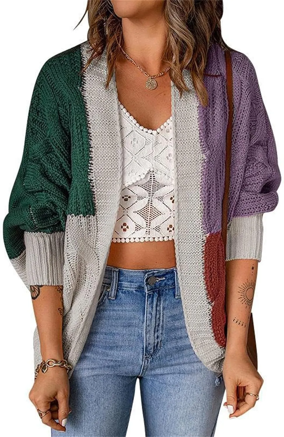 Cardigan Sweaters for Women Casual Long Sleeve Color Block Chunky Cable Knit Open Front Cardigans Fall Sweater Coats
