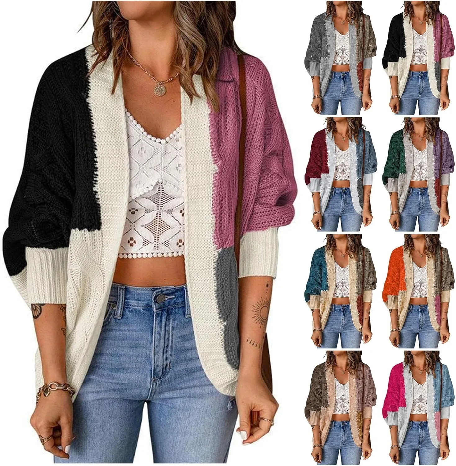 Cardigan Sweaters for Women Casual Long Sleeve Color Block Chunky Cable Knit Open Front Cardigans Fall Sweater Coats