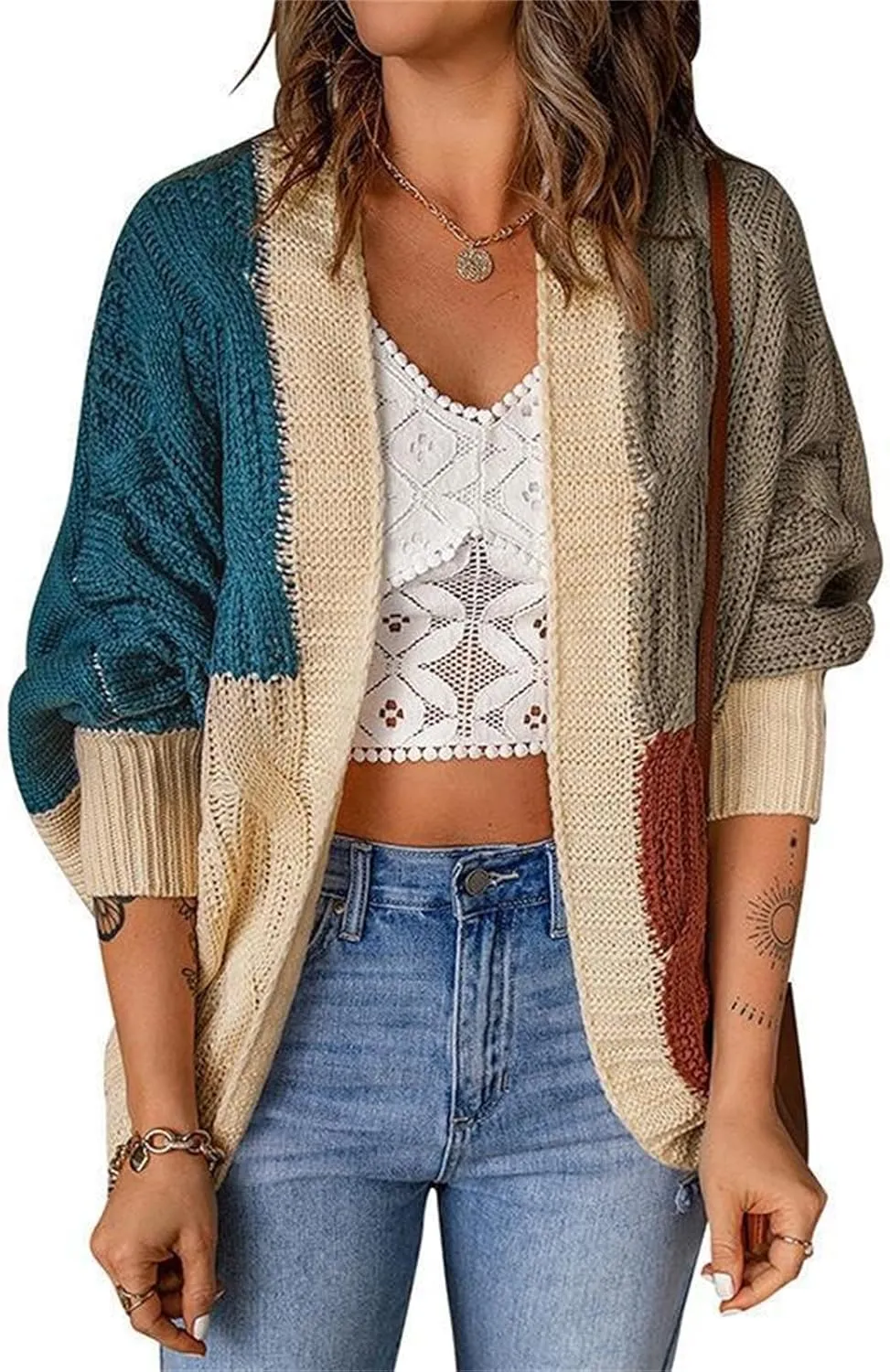 Cardigan Sweaters for Women Casual Long Sleeve Color Block Chunky Cable Knit Open Front Cardigans Fall Sweater Coats
