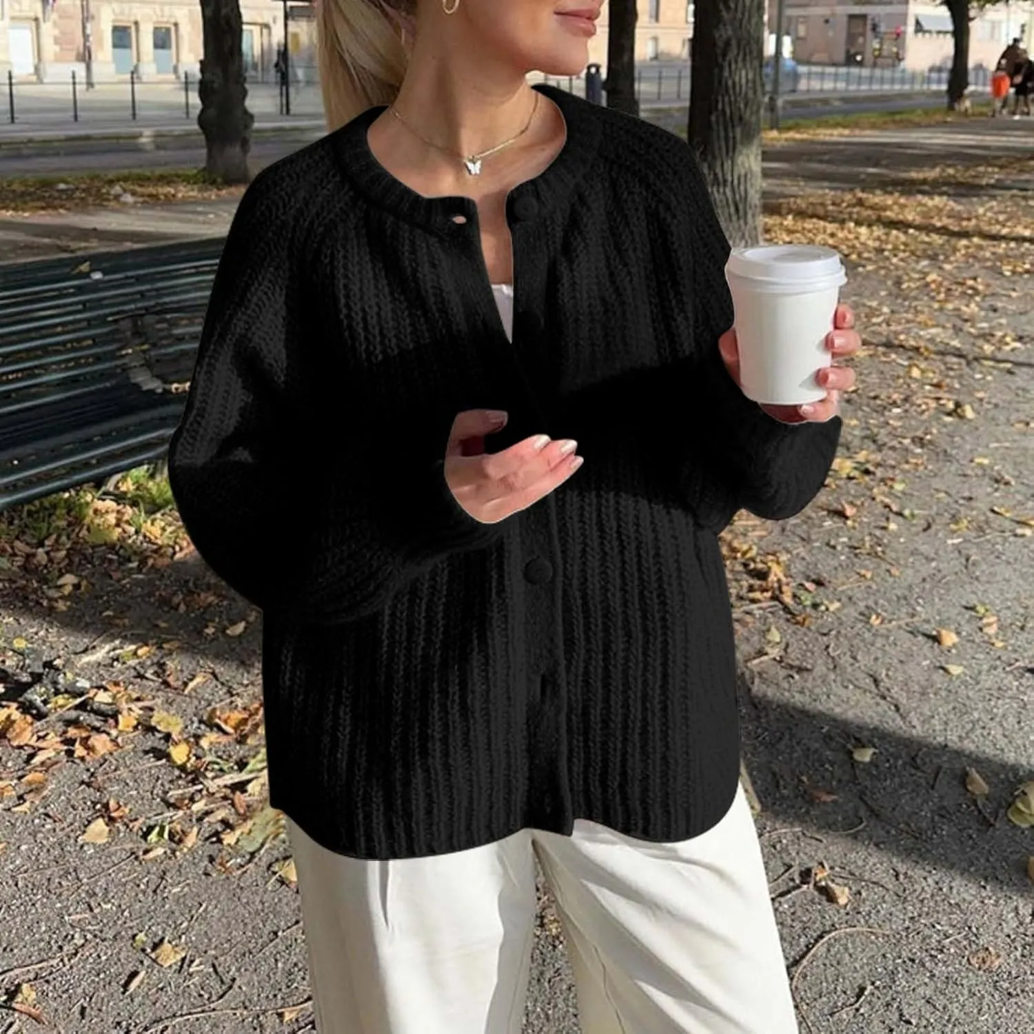 Cardigan Sweaters for Women Crew Neck Button Down Long Sleeve Crochet Knit Sweaters 2025 Fall Outfits