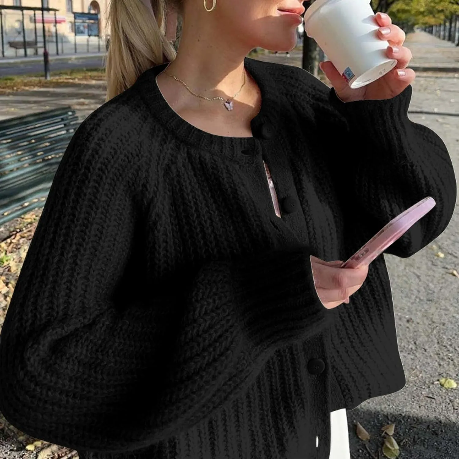 Cardigan Sweaters for Women Crew Neck Button Down Long Sleeve Crochet Knit Sweaters 2025 Fall Outfits
