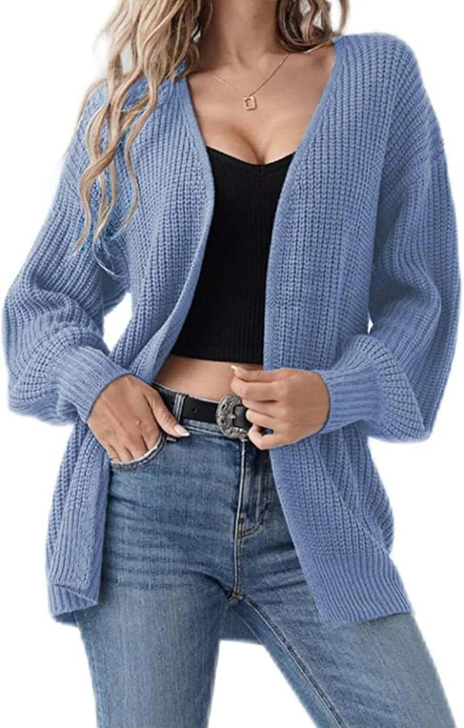 Cardigans for Women Trendy Lantern Sleeve Cardigan Sweaters Casual Cable Knitted Sweater Open Front Coat Outwear