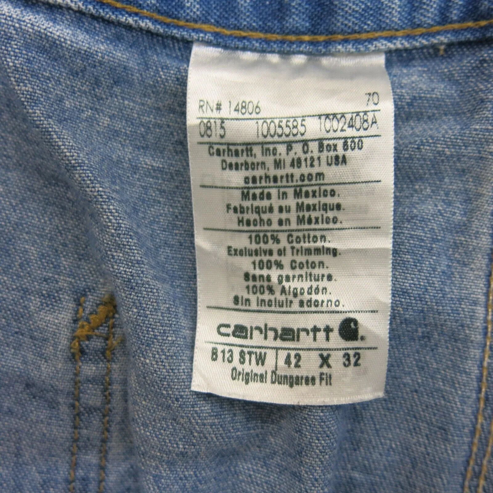 Carhartt Jeans Mens 42X32 Blue Denim Stretch Original Fit 100% Cotton Wide Leg
