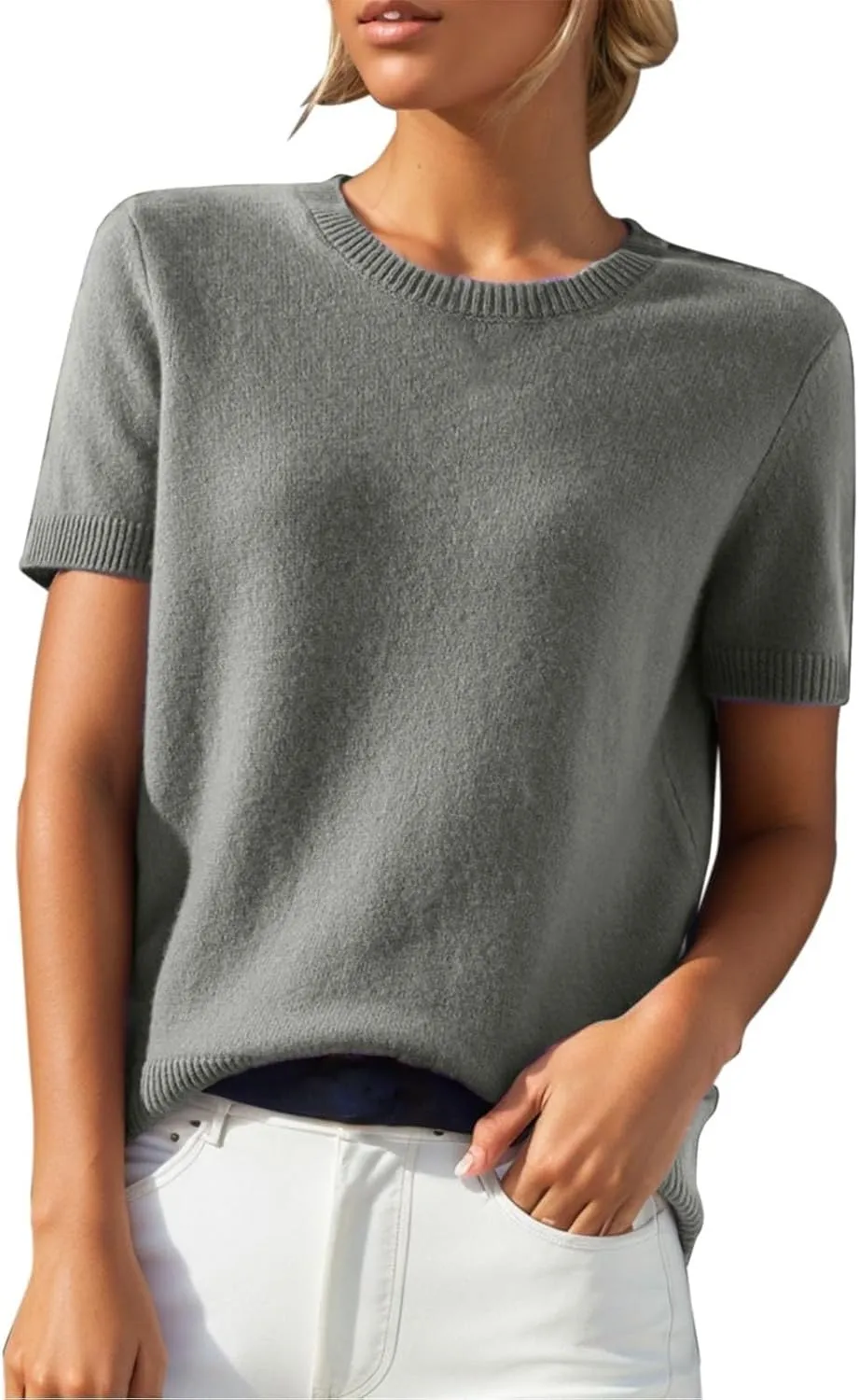 Cashmere Sweaters for Women 2025 Casual Crew Neck Short Sleeve Wool Sweater Lightweight Soft Knitted T-Shirt Tops