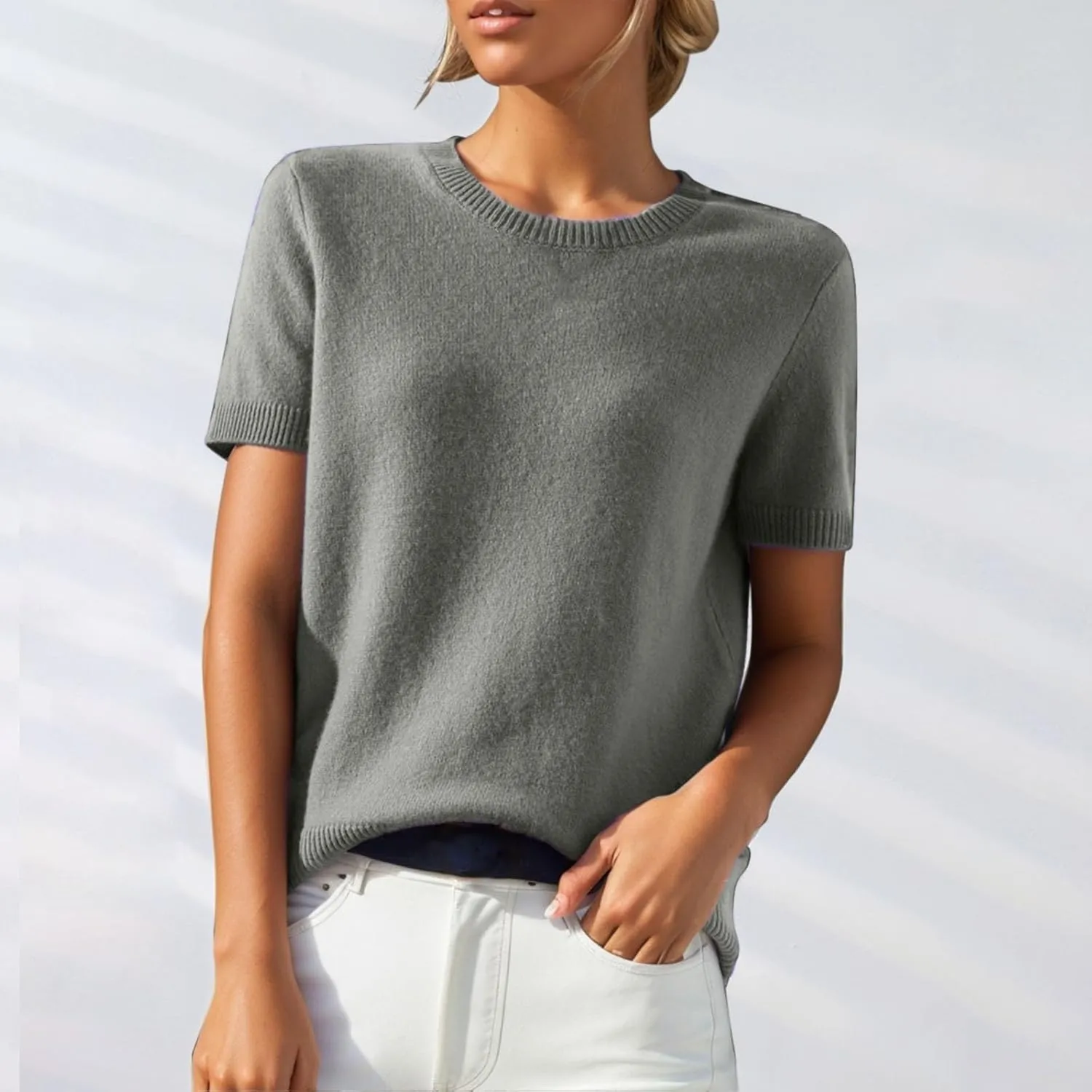 Cashmere Sweaters for Women 2025 Casual Crew Neck Short Sleeve Wool Sweater Lightweight Soft Knitted T-Shirt Tops
