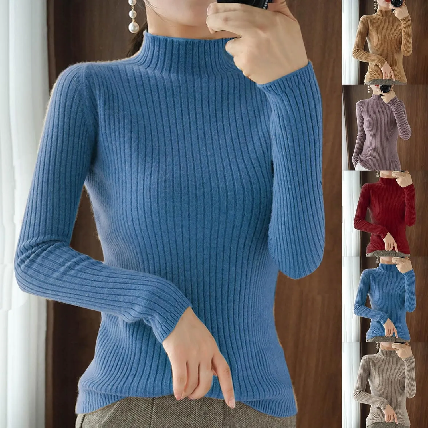 Cashmere Sweaters for Women Stretchy Warm Turtleneck Knitted Base Sweaters Casual Soft Long Sleeve Cashmere Sweaters