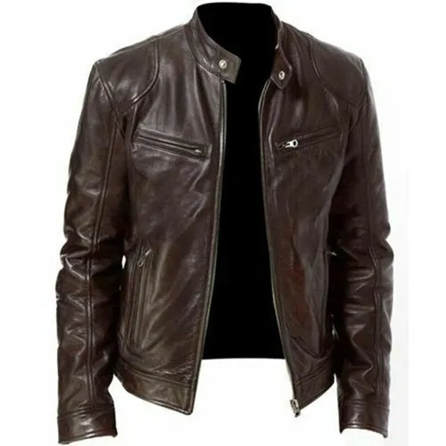 Casual male fashion collar thin leather jacket