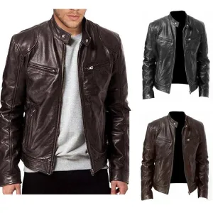 Casual male fashion collar thin leather jacket