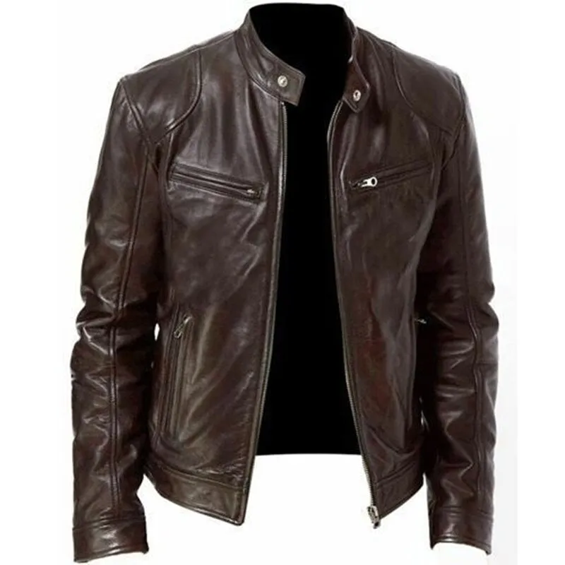 Casual male fashion collar thin leather jacket