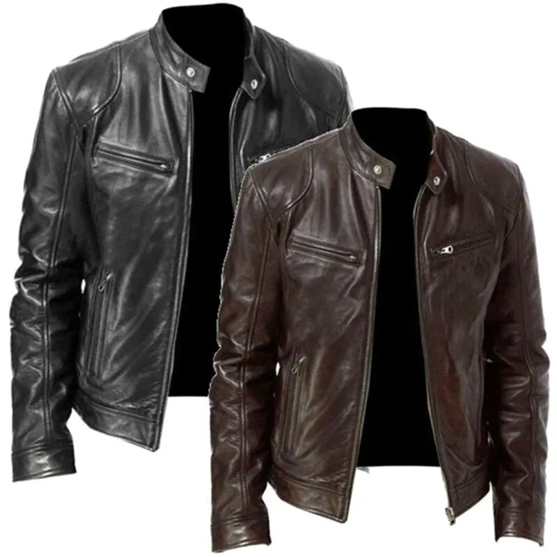 Casual male fashion collar thin leather jacket