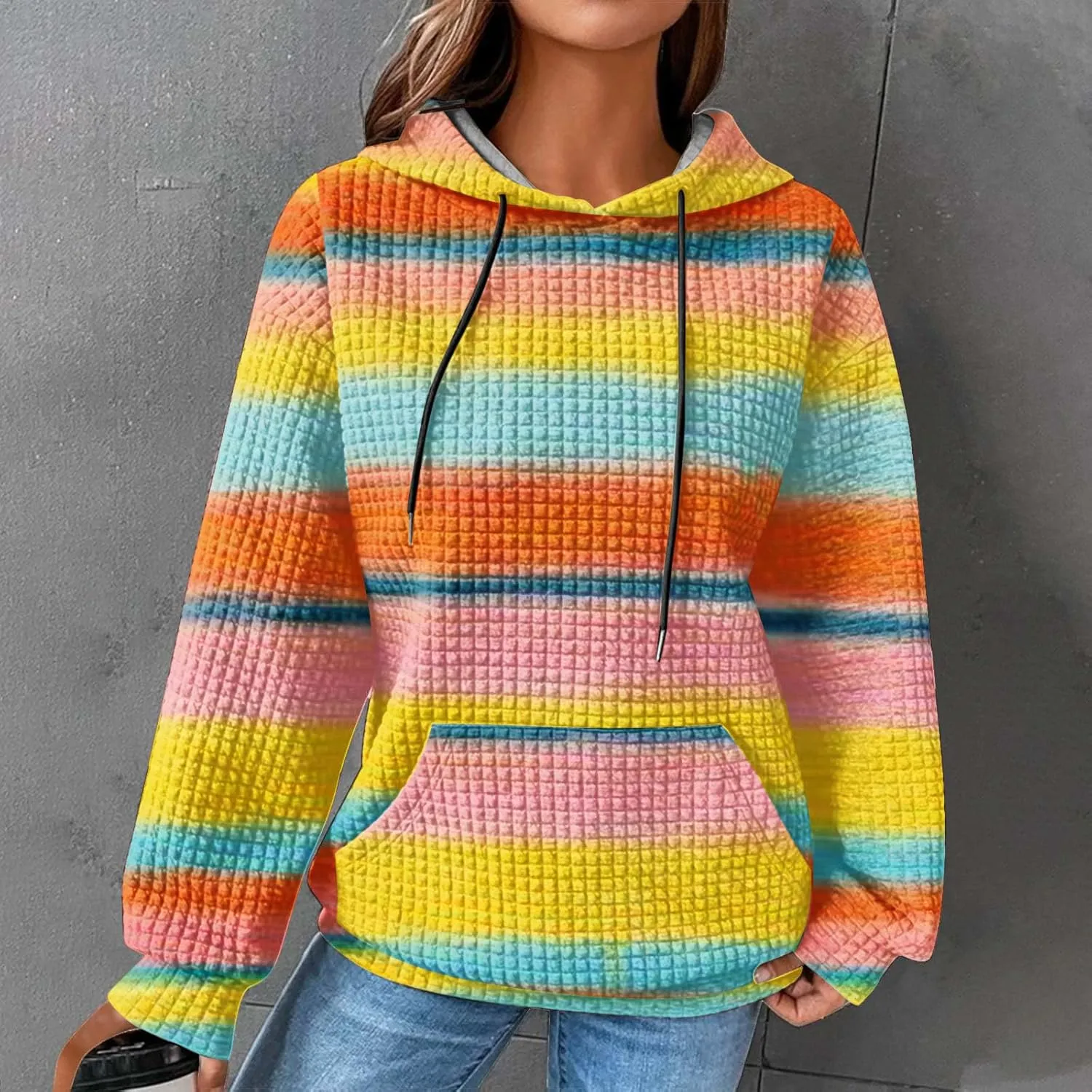 Ceboyel Womens Waffle Knit Hooded Sweatshirts Trendy Hoodies Sweater Long Sleeve Pullover Tops Teen Girls Cute Winter Outfits