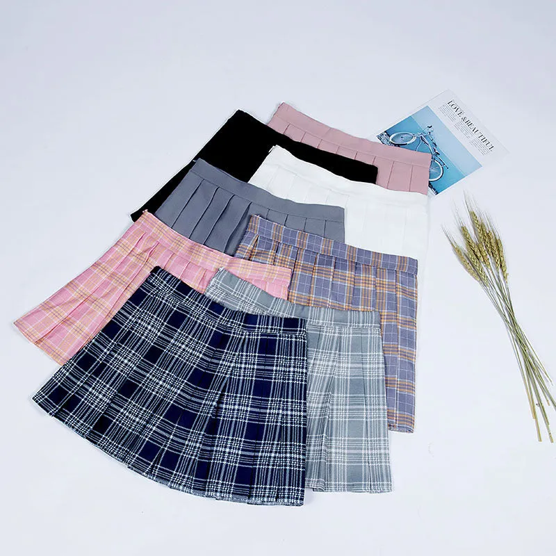 Chequered Pleated Women Student Korean All-Matching High Waist A-Line Summer Skirt
