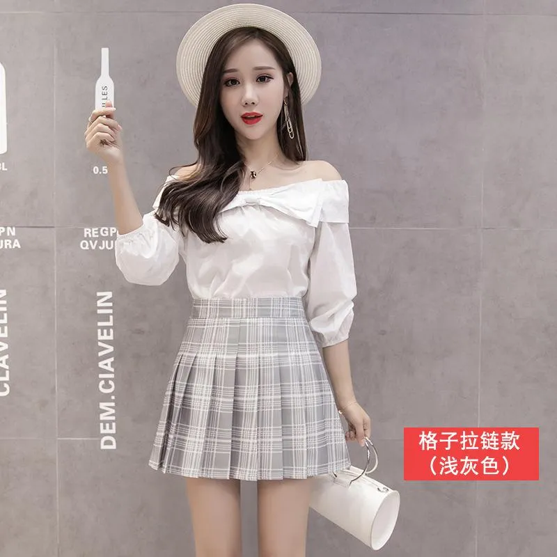 Chequered Pleated Women Student Korean All-Matching High Waist A-Line Summer Skirt