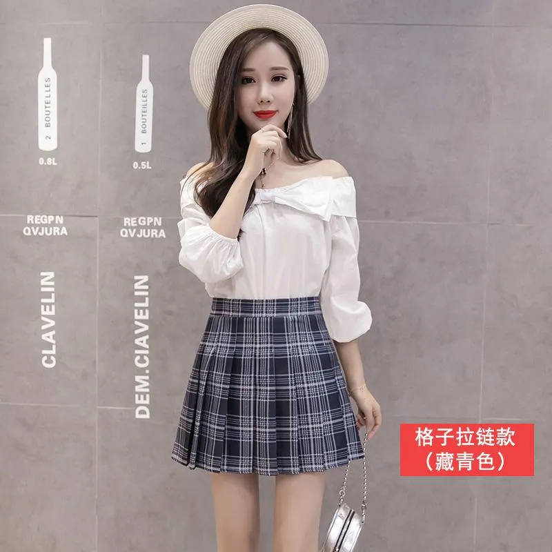 Chequered Pleated Women Student Korean All-Matching High Waist A-Line Summer Skirt