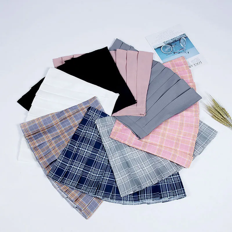 Chequered Pleated Women Student Korean All-Matching High Waist A-Line Summer Skirt