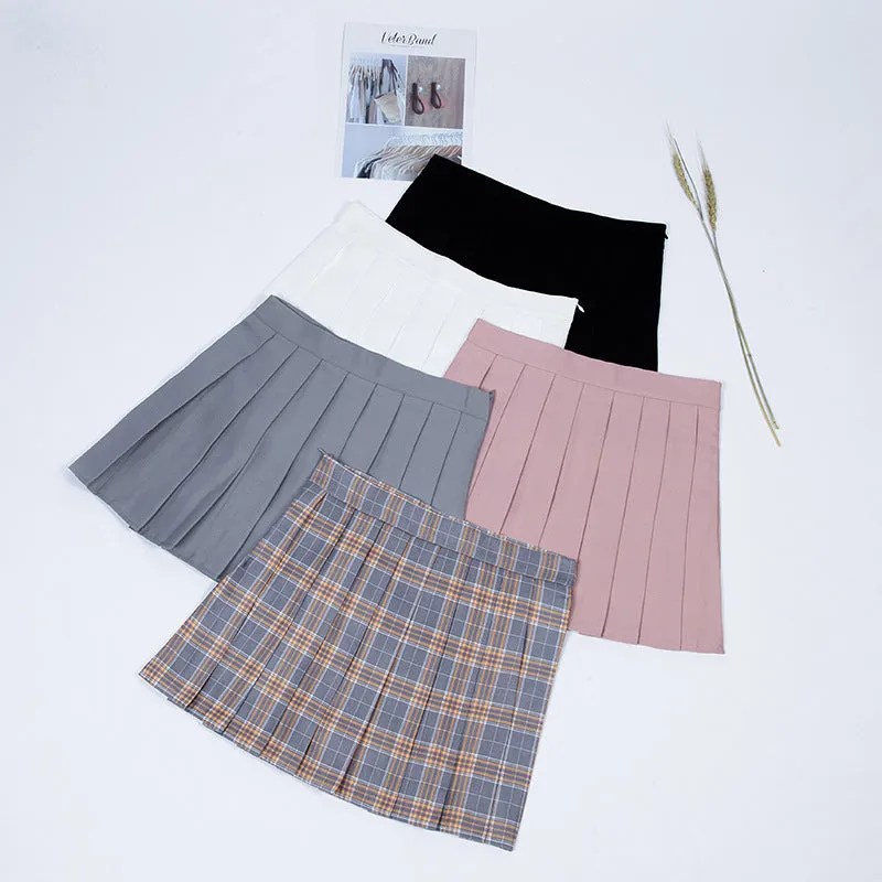 Chequered Pleated Women Student Korean All-Matching High Waist A-Line Summer Skirt