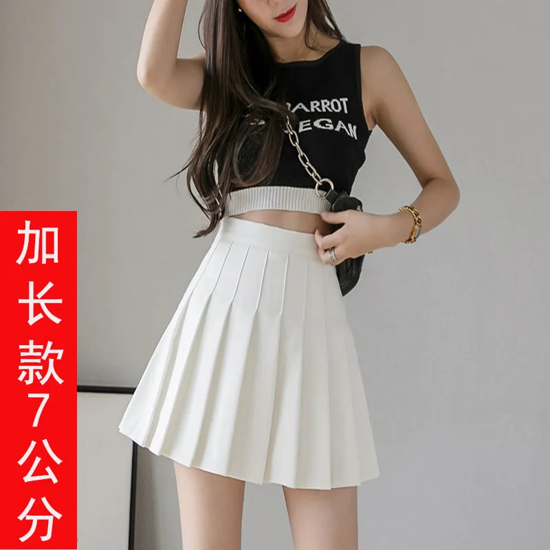 Chequered Skirt Women Summer Korean Black High Waist A-Line Student Pleated Skirt