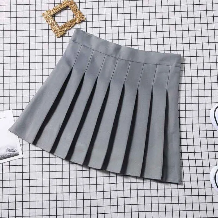 Chequered Skirt Women Summer Korean Black High Waist A-Line Student Pleated Skirt