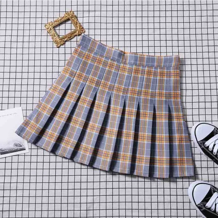 Chequered Skirt Women Summer Korean Black High Waist A-Line Student Pleated Skirt