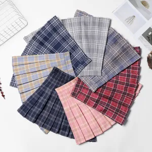 Chequered Skirt Women Summer Korean Black High Waist A-Line Student Pleated Skirt