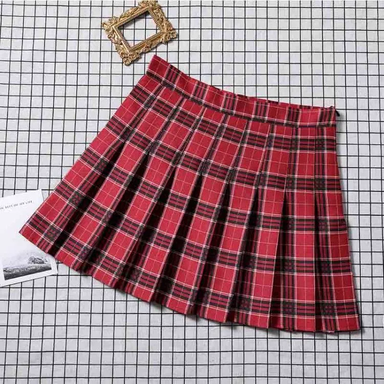 Chequered Skirt Women Summer Korean Black High Waist A-Line Student Pleated Skirt