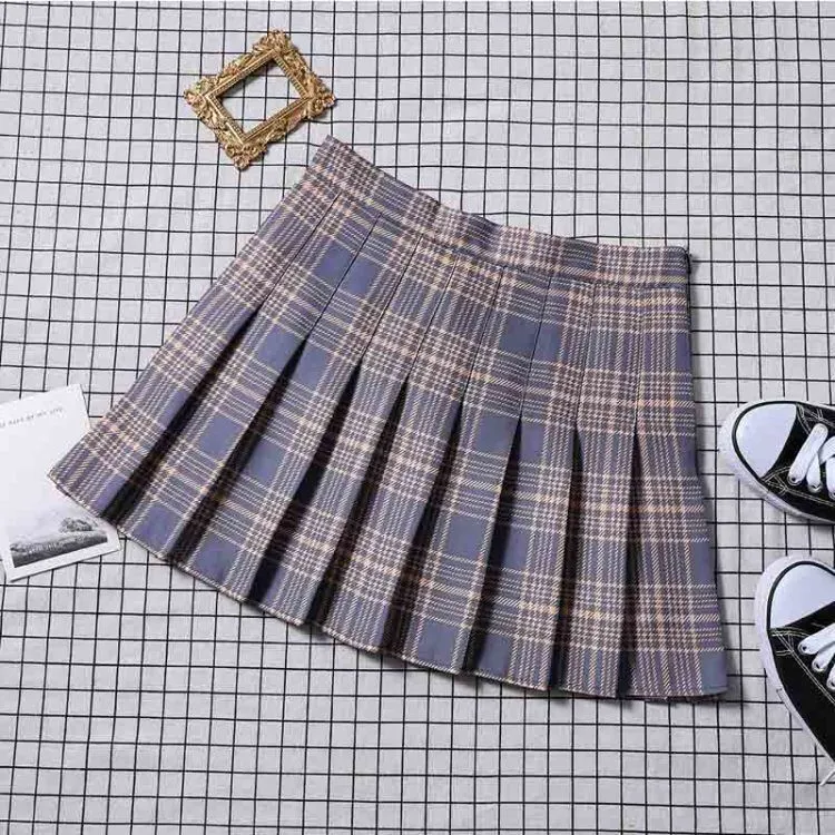 Chequered Skirt Women Summer Korean Black High Waist A-Line Student Pleated Skirt