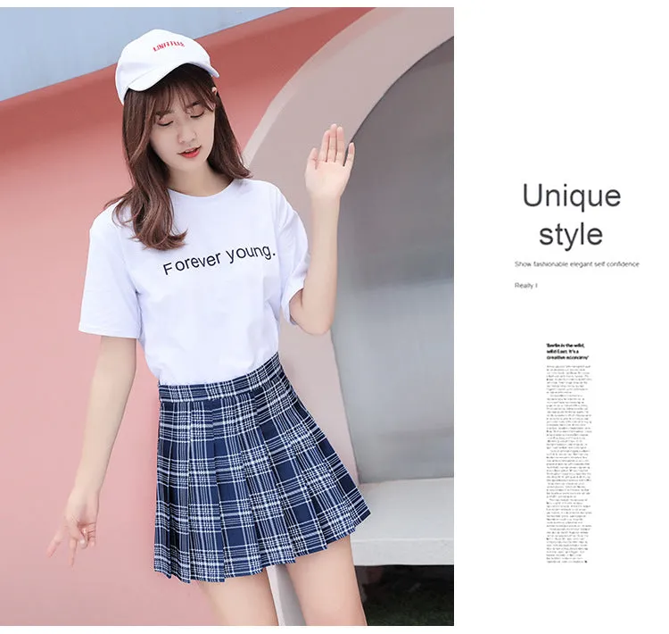 Chequered Skirt Women Summer Korean Black High Waist A-Line Student Pleated Skirt