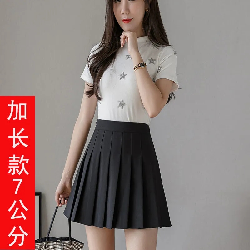 Chequered Skirt Women Summer Korean Black High Waist A-Line Student Pleated Skirt
