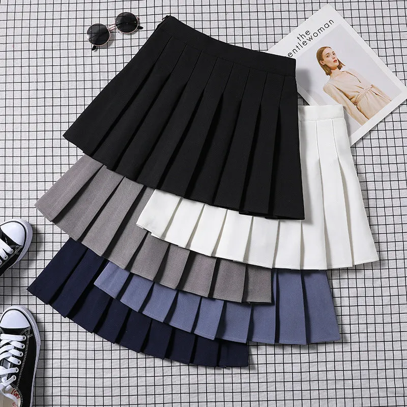 Chequered Skirt Women Summer Korean Black High Waist A-Line Student Pleated Skirt