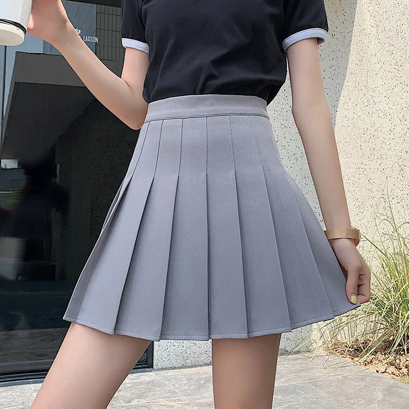 Chequered Skirt Women Summer Korean Black High Waist A-Line Student Pleated Skirt
