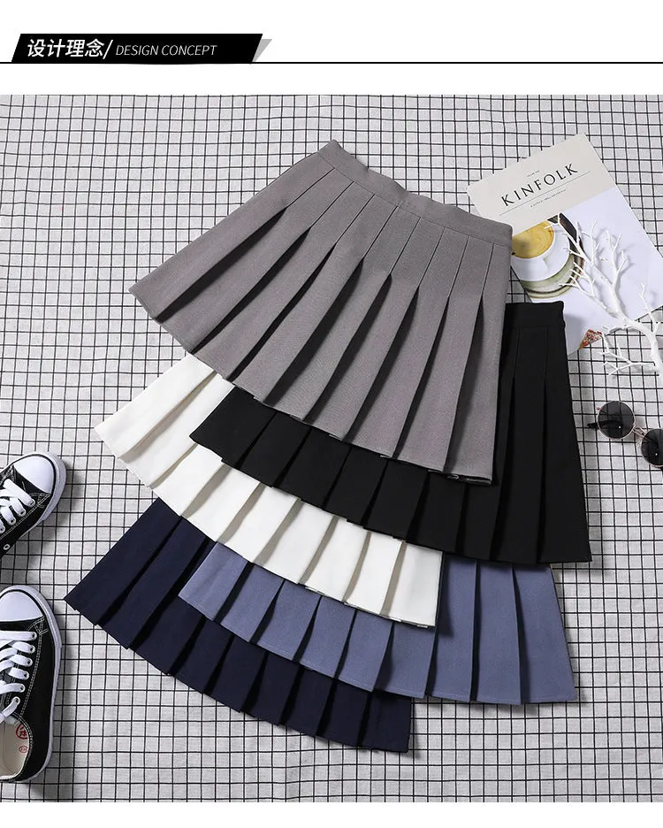 Chequered Skirt Women Summer Korean Black High Waist A-Line Student Pleated Skirt