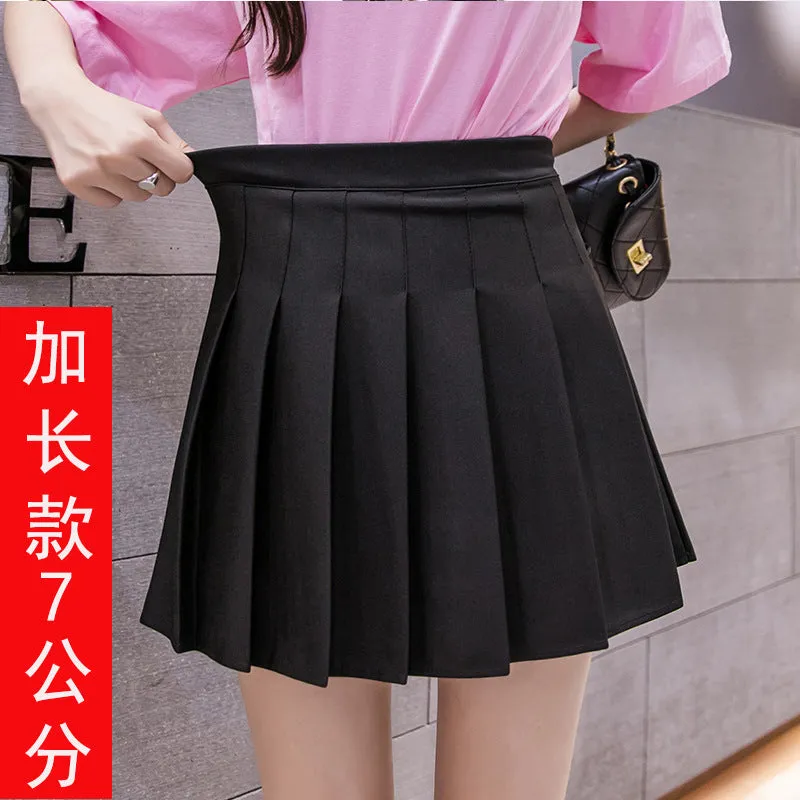 Chequered Skirt Women Summer Korean Black High Waist A-Line Student Pleated Skirt