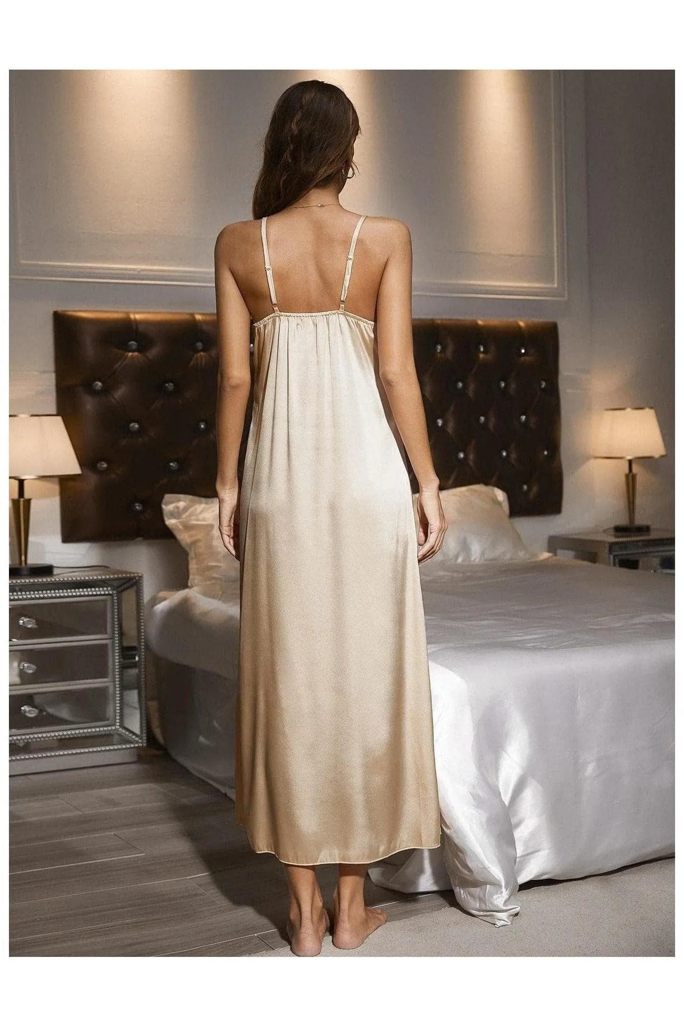 Contrast Lace Trim Spaghetti Strap Split Nightgown