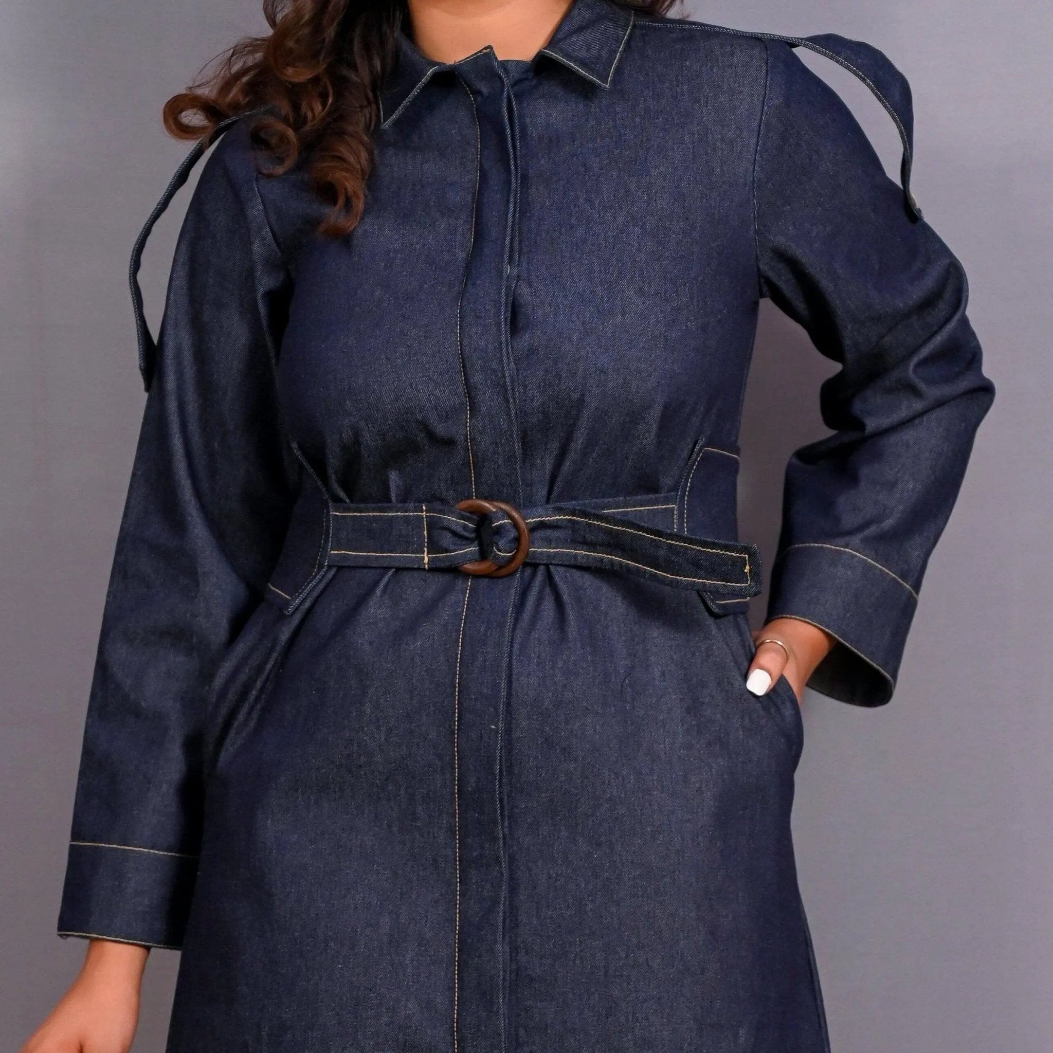 Convertible Indigo Cotton Denim Button-Down Overlay Dress