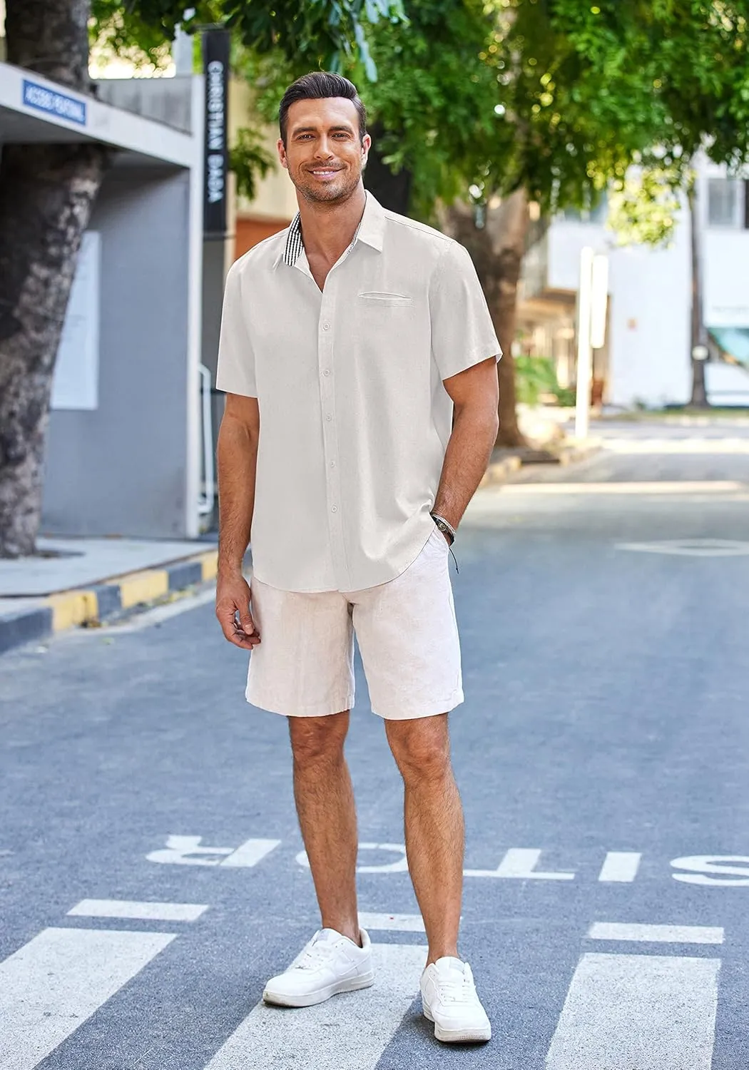 COOFANDY Men's Casual Linen Shirts Short Sleeve Button Down Shirt Summer Beach Tops