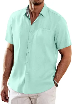 COOFANDY Men's Casual Linen Shirts Short Sleeve Button Down Shirt Summer Beach Tops