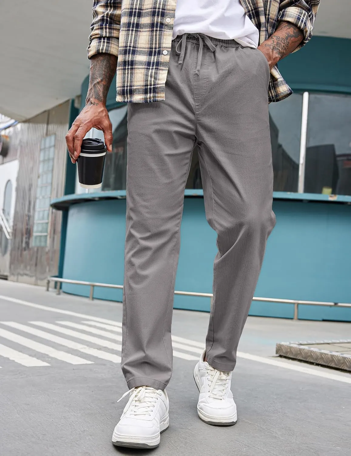 COOFANDY Mens Casual Pants Elastic Waist Drawstring Chino Pants Cotton Twill Trousers with Pockets
