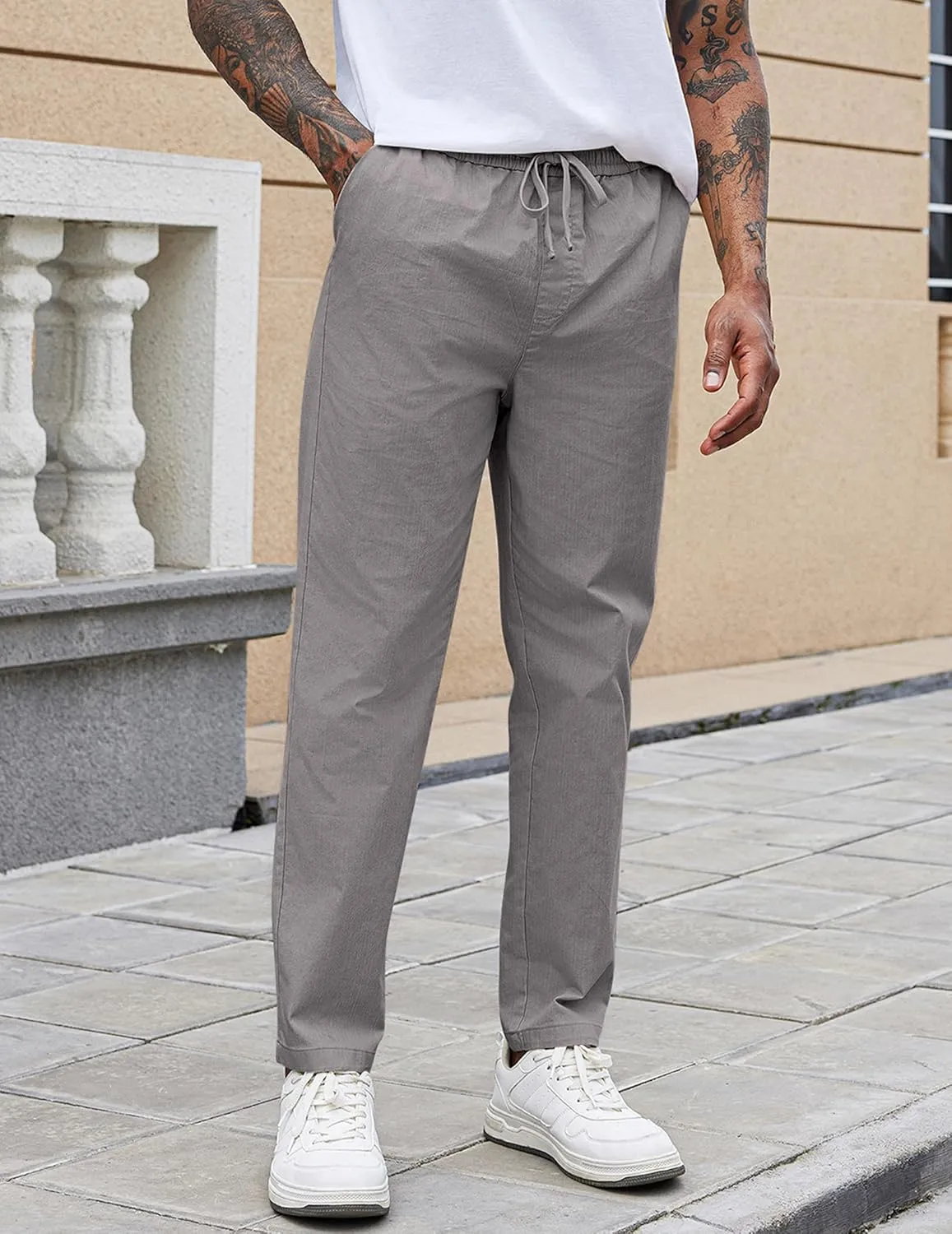 COOFANDY Mens Casual Pants Elastic Waist Drawstring Chino Pants Cotton Twill Trousers with Pockets