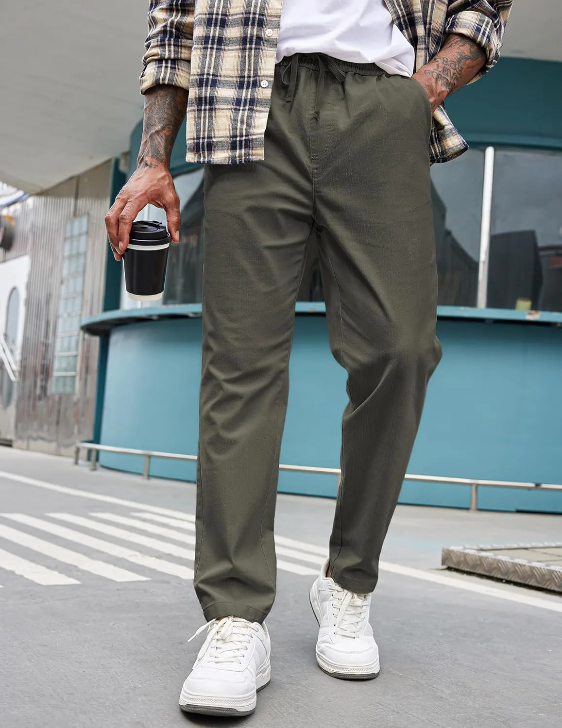 COOFANDY Mens Casual Pants Elastic Waist Drawstring Chino Pants Cotton Twill Trousers with Pockets