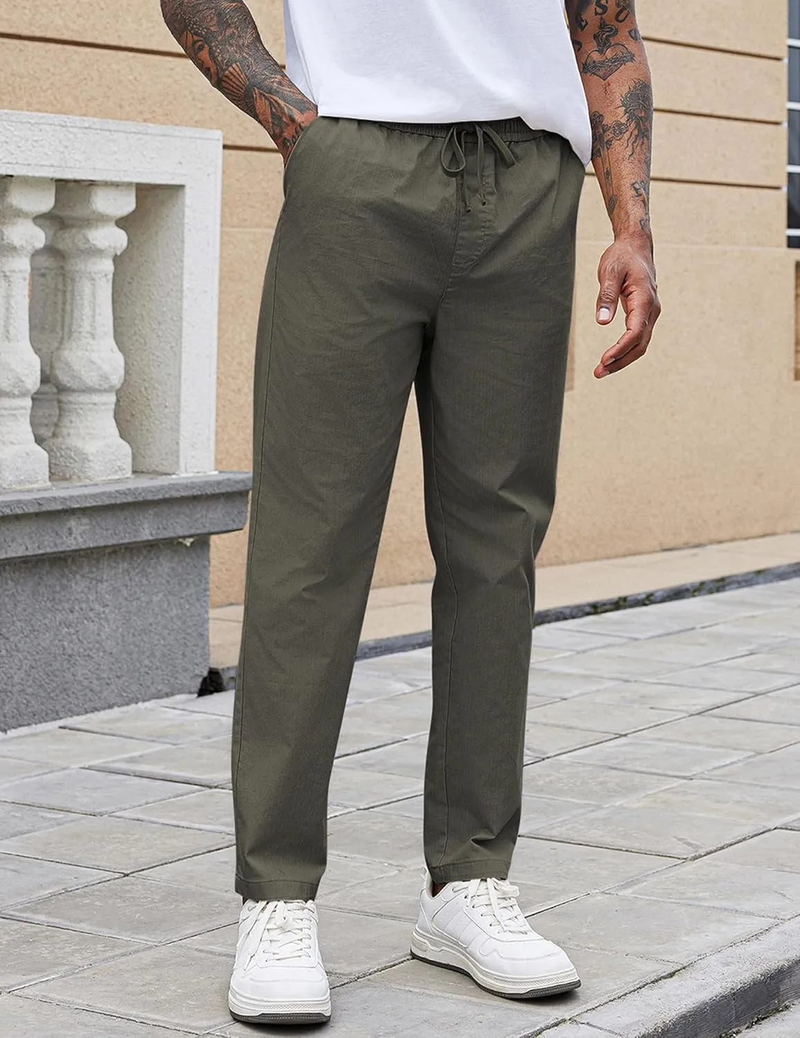 COOFANDY Mens Casual Pants Elastic Waist Drawstring Chino Pants Cotton Twill Trousers with Pockets