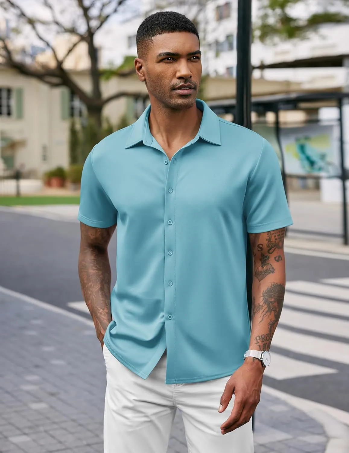 COOFANDY Mens Casual Wrinkle Free Shirts Short Sleeve Button Down Summer Stretch Dress Shirt