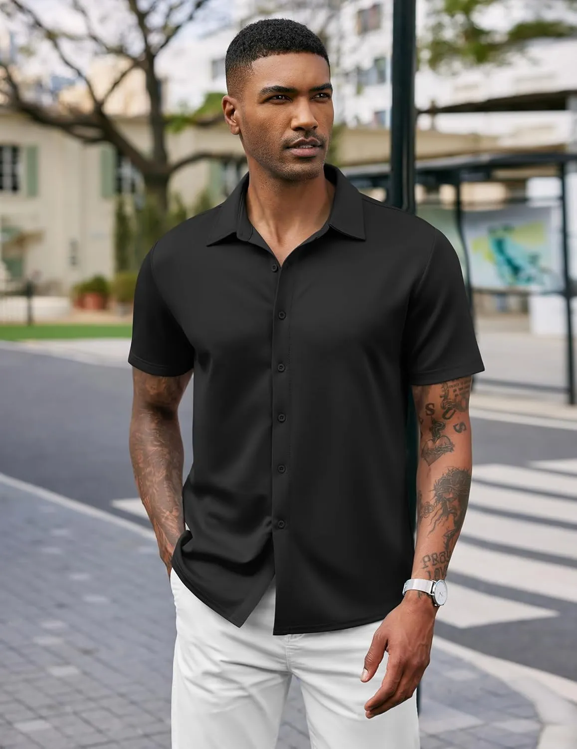 COOFANDY Mens Casual Wrinkle Free Shirts Short Sleeve Button Down Summer Stretch Dress Shirt